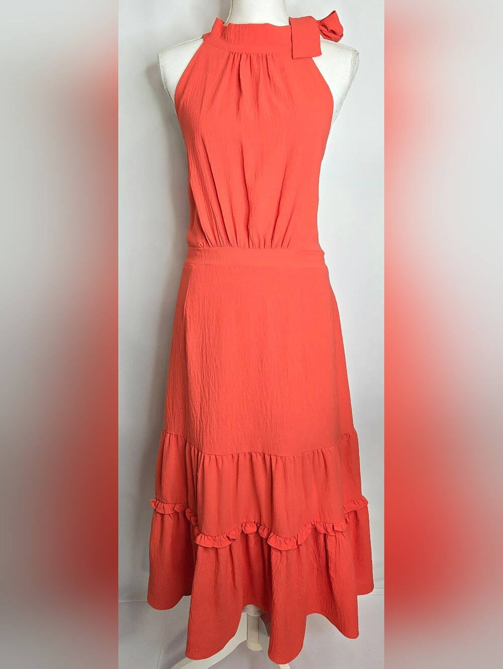 Leslie Fay Coral Halter Midi Wedding Guest Dress Ruffle Hem & Bow Neck NWOT 16